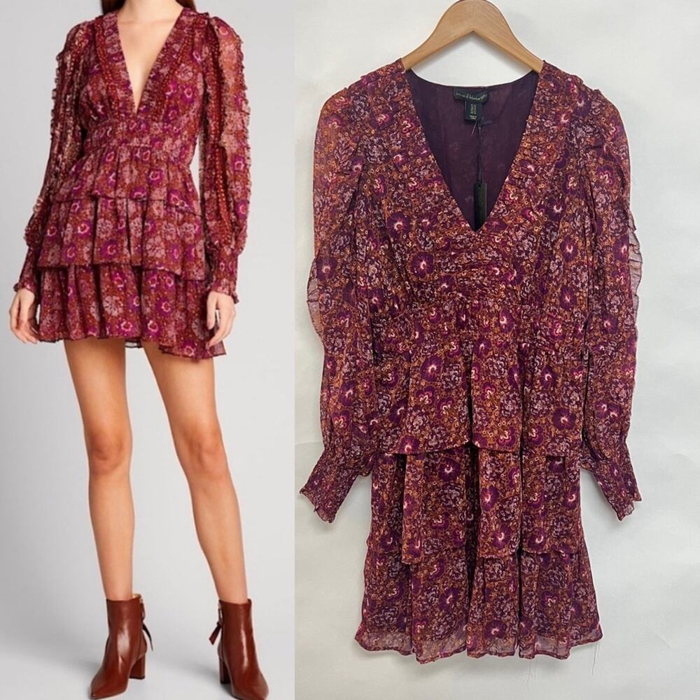 House Of Harlow 1960 Tiered Mini Dress Floral Ruffle Long Sleeve Purple NWT 12